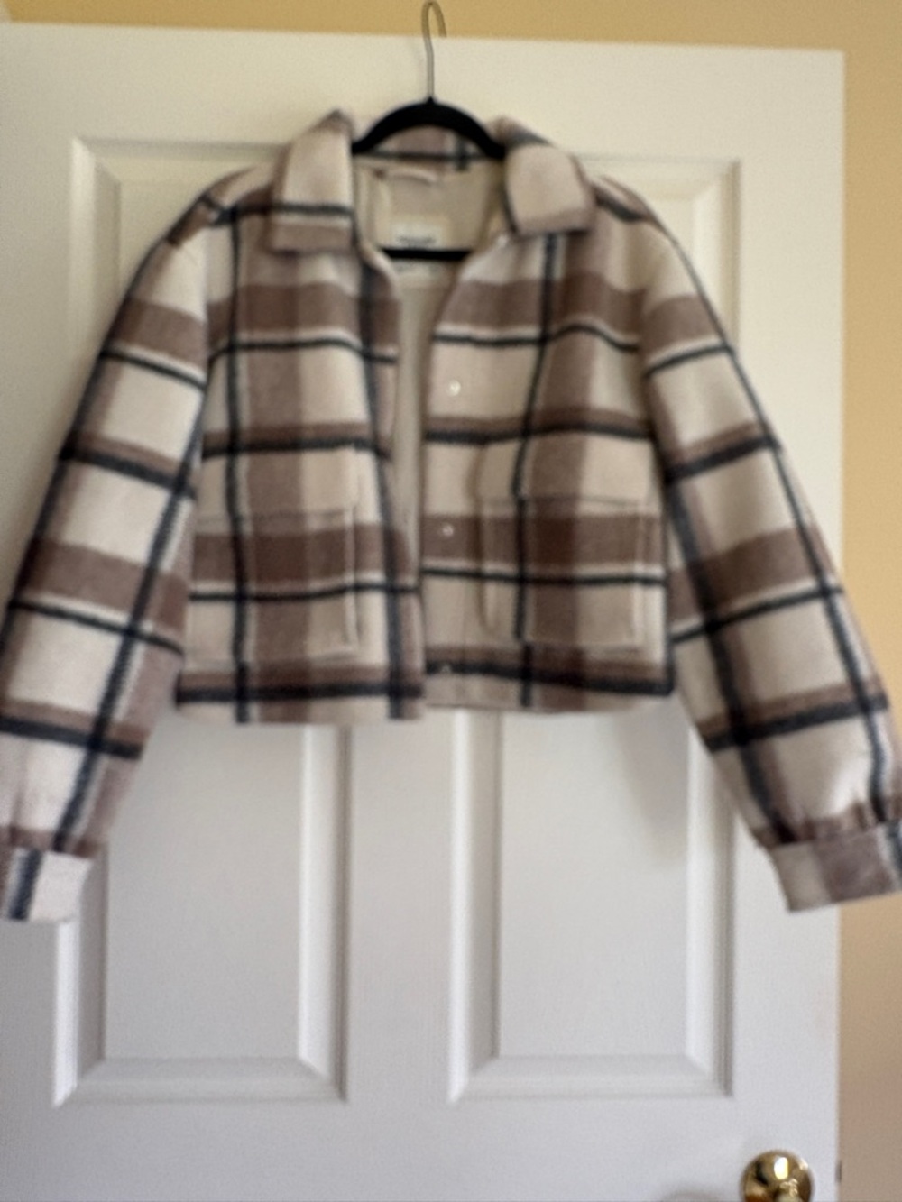 Cropped Plaid Shacket in Cream and Brown